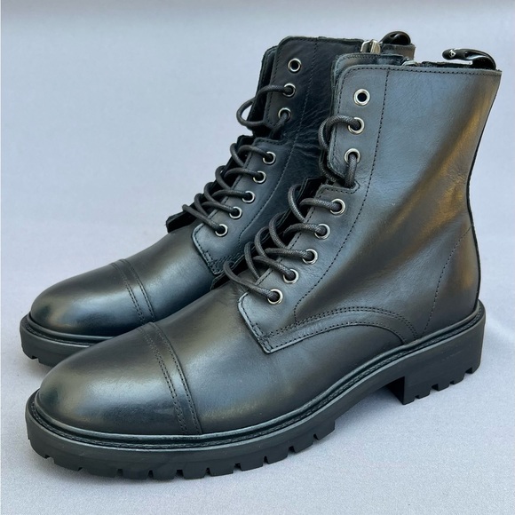 AllSaints Piero Combat Black Leather Boots Men’s Size 8US NEW - Picture 1 of 9